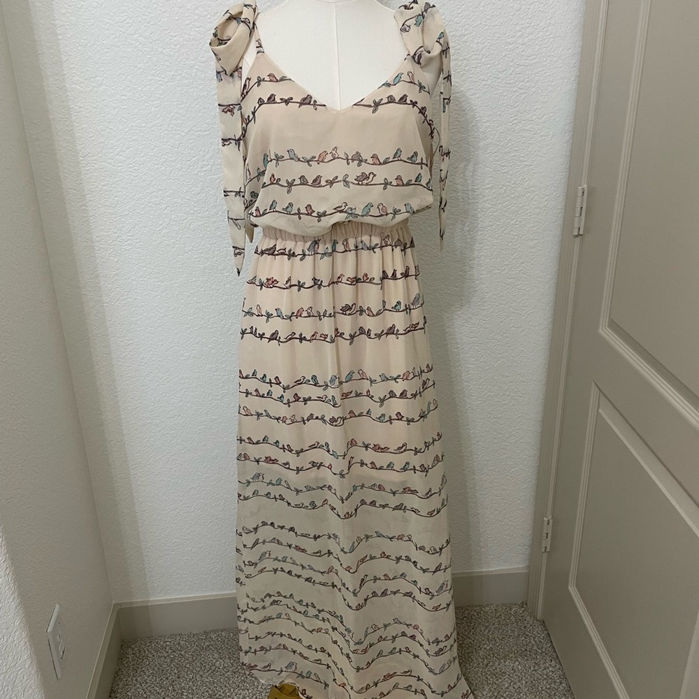 Judith March Bird Print Maxi Dress Beige Boho Chic- Size Small